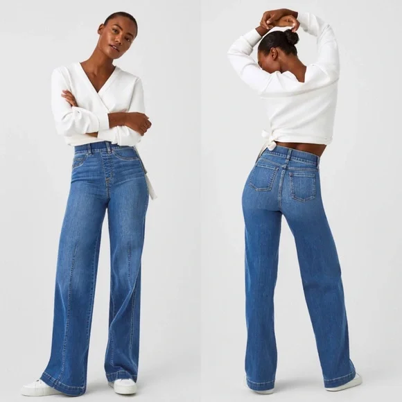 Spanx Seamed Front Wide Leg Jeans Vintage Indigo Size Medium - Picture 1 of 12